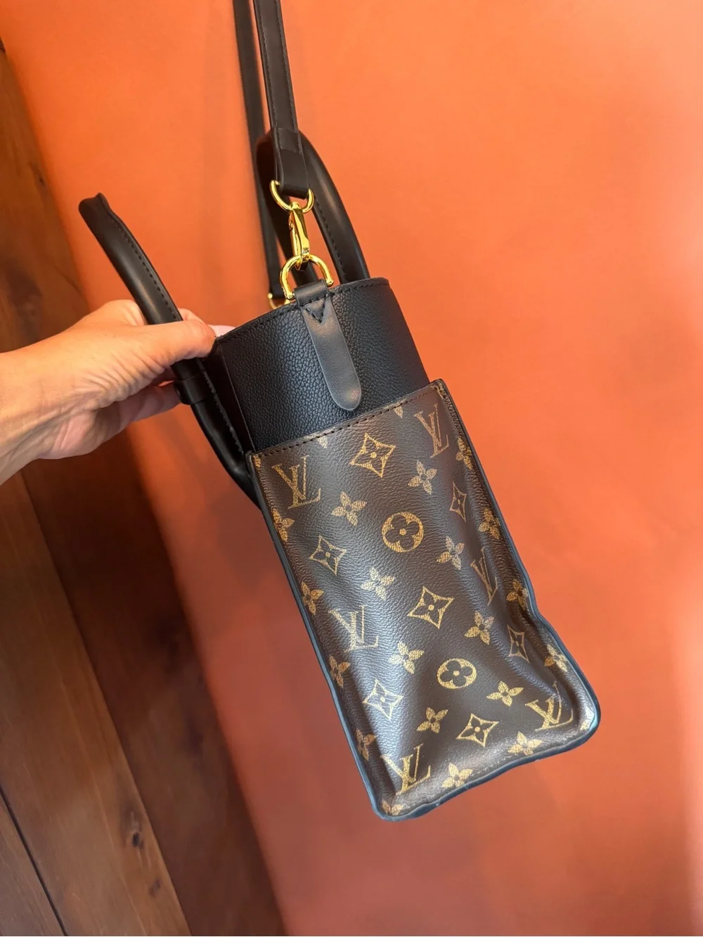 Louis Vuitton Black Leather Satchel with Monogram Side Panels and Gold Hardware